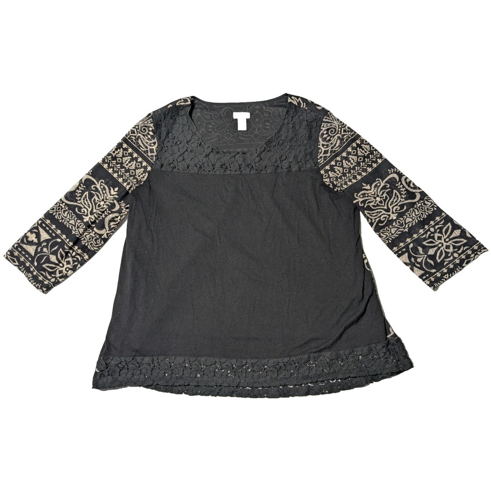 Chico's Black Lace Trim Print Rayon Blend Tunic Blouse - Women 3 US XL/16
